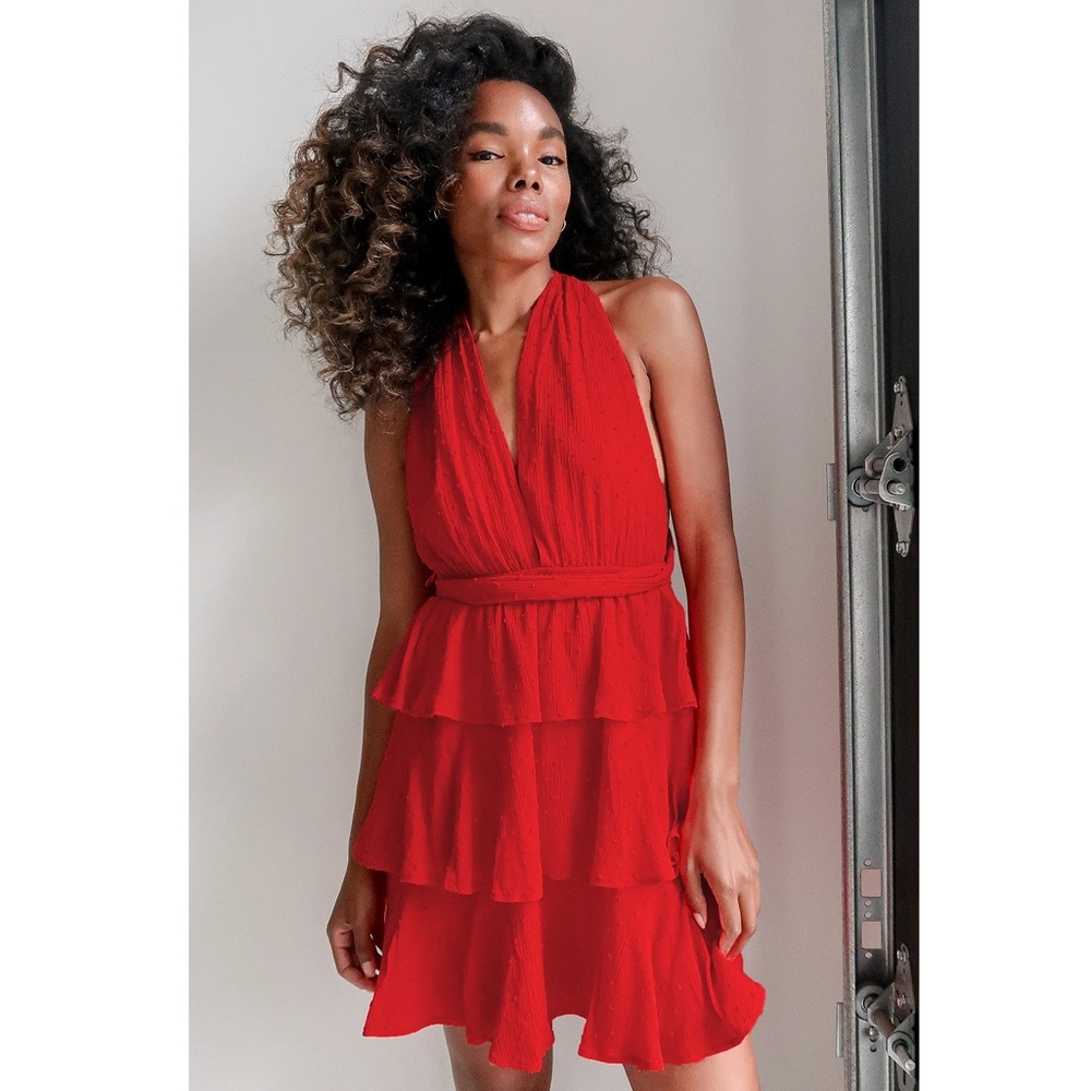 Lulu's Red Swiss Dot Tiered Halter Mini Dress